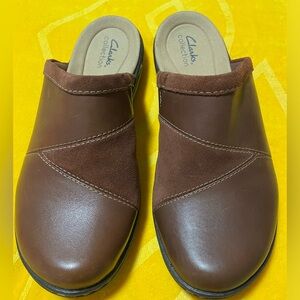 New Clarks Laurieann Kyla Dark Tan/Brown Leather & Suede Clog Mule Shoes 9.5W